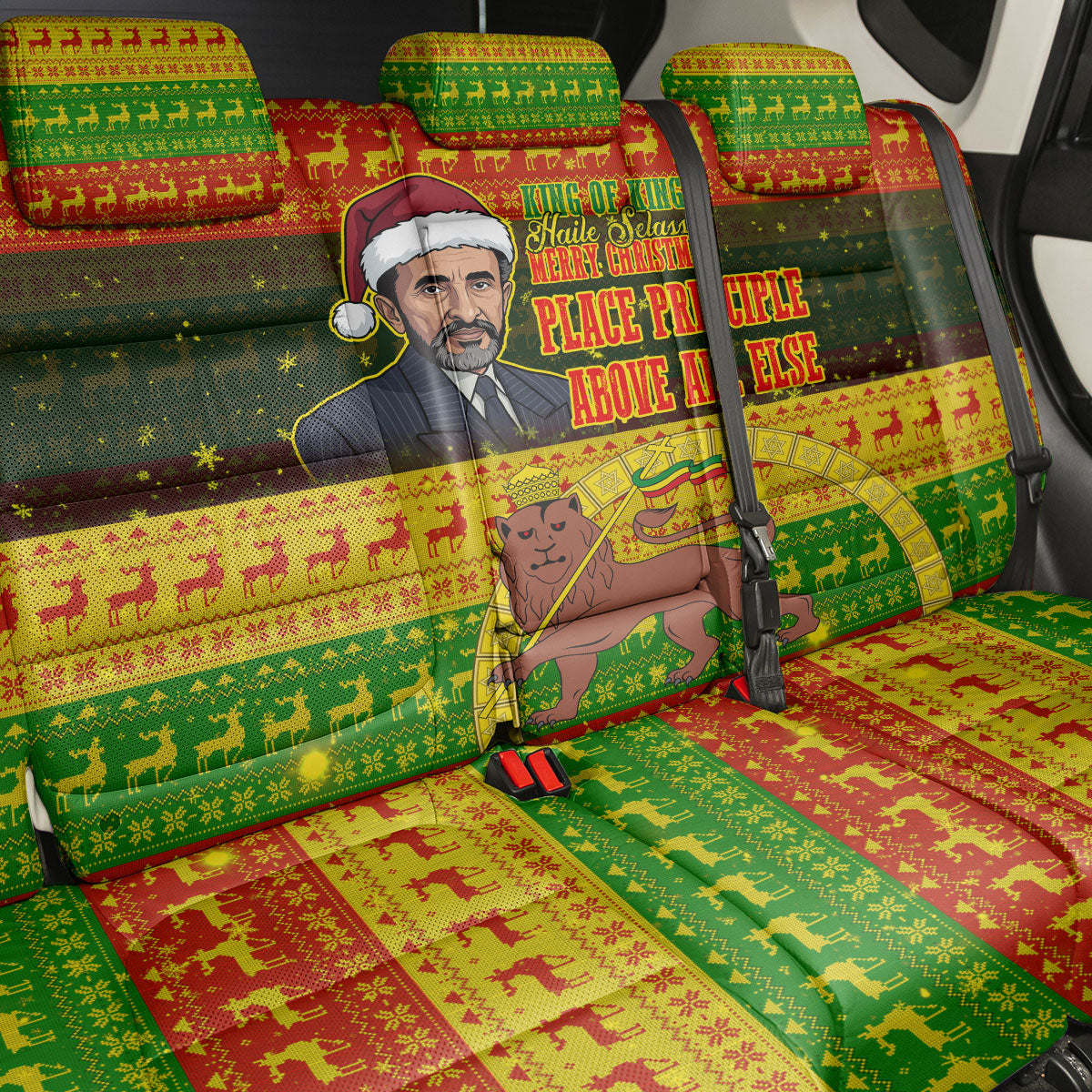 Ethiopia Haile Selassie Christmas Back Car Seat Cover King Of Kings Lion Of Judah Ugly Pattern Holiday