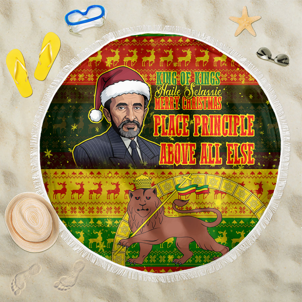 Ethiopia Haile Selassie Christmas Beach Blanket King Of Kings Lion Of Judah Ugly Pattern Holiday