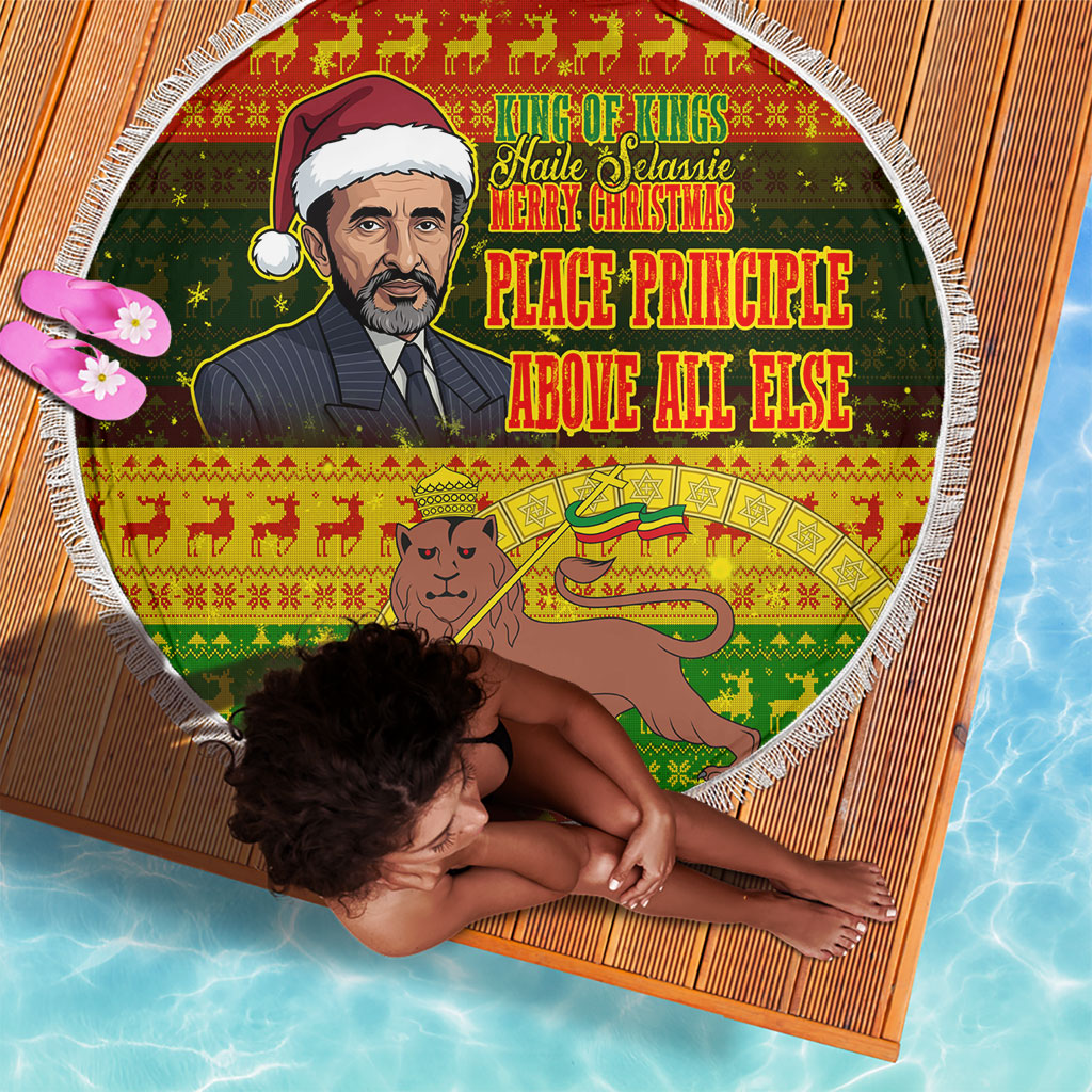 Ethiopia Haile Selassie Christmas Beach Blanket King Of Kings Lion Of Judah Ugly Pattern Holiday