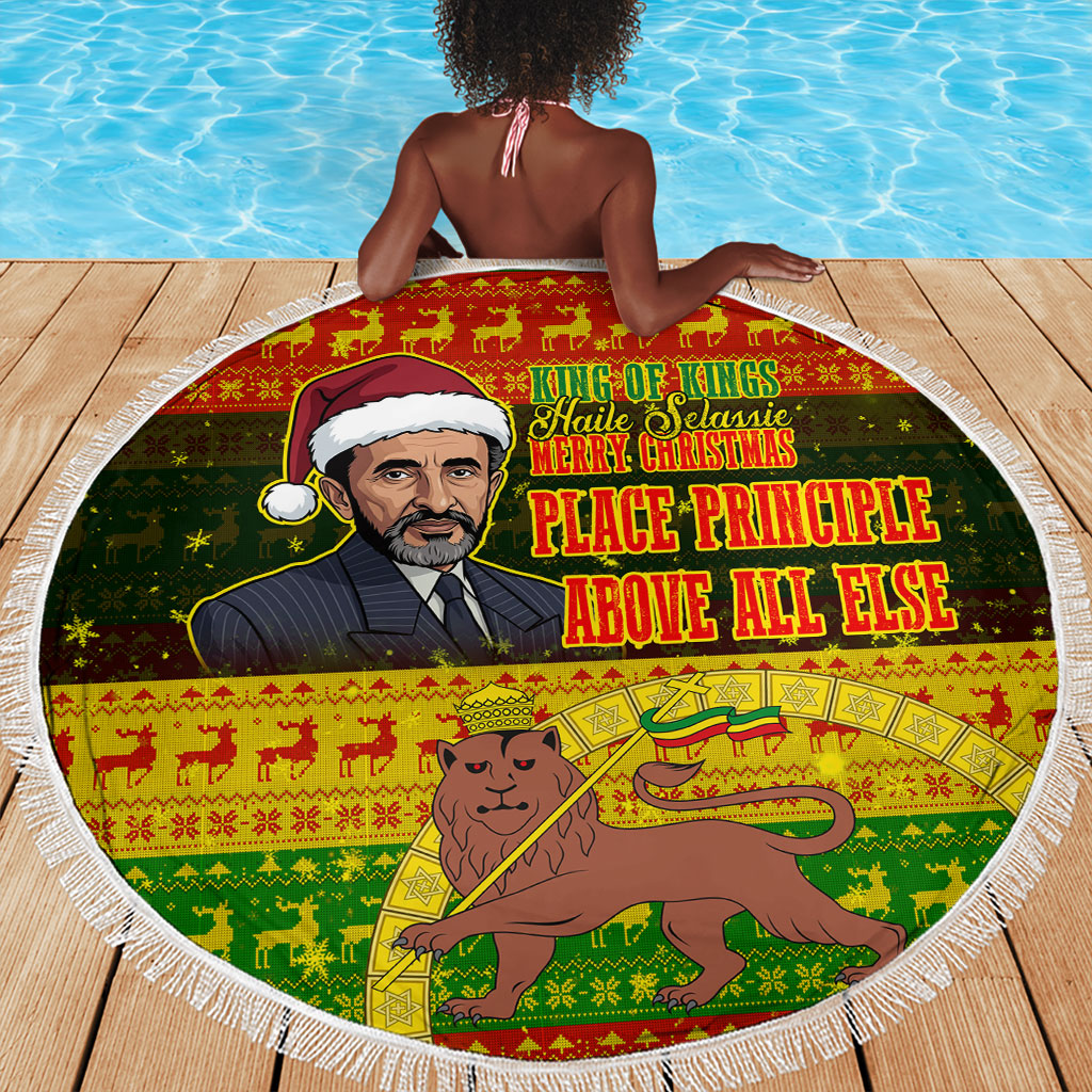 Ethiopia Haile Selassie Christmas Beach Blanket King Of Kings Lion Of Judah Ugly Pattern Holiday