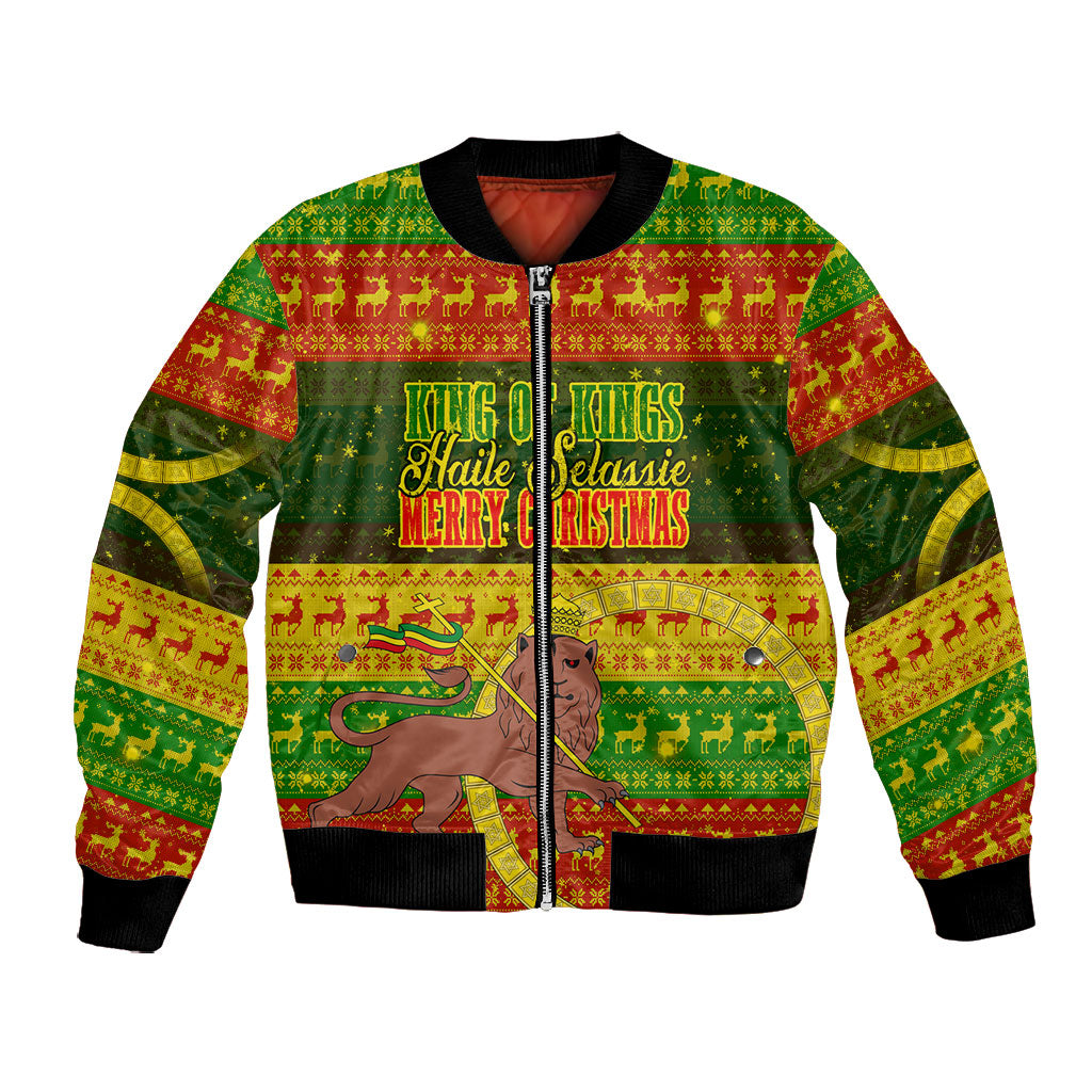 Ethiopia Haile Selassie Christmas Bomber Jacket King Of Kings Lion Of Judah Ugly Pattern Holiday