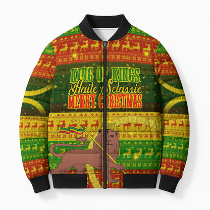Ethiopia Haile Selassie Christmas Bomber Puffer Jacket King Of Kings Lion Of Judah Ugly Pattern Holiday