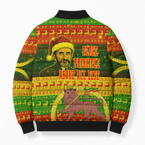 Ethiopia Haile Selassie Christmas Bomber Puffer Jacket King Of Kings Lion Of Judah Ugly Pattern Holiday