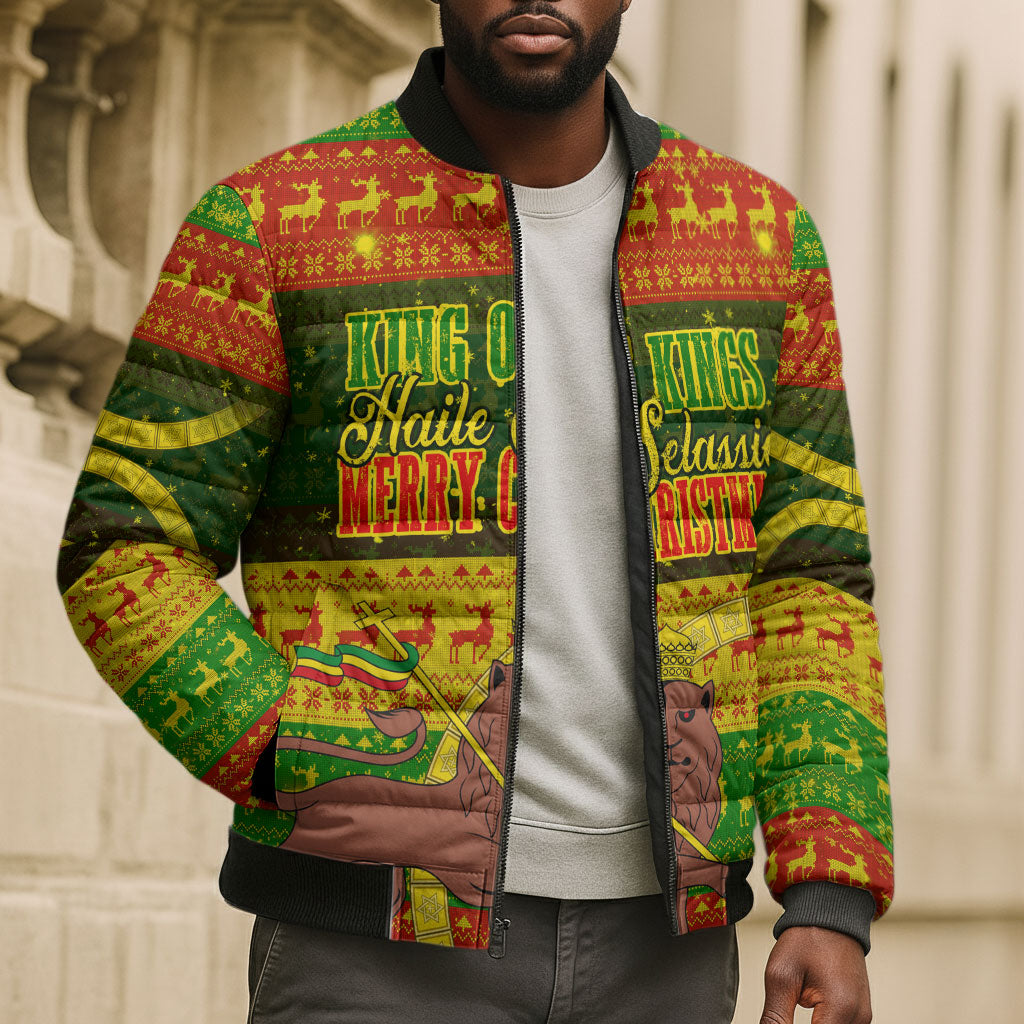 Ethiopia Haile Selassie Christmas Bomber Puffer Jacket King Of Kings Lion Of Judah Ugly Pattern Holiday