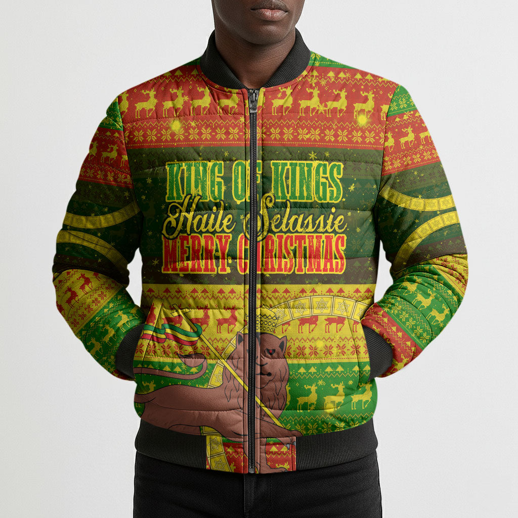 Ethiopia Haile Selassie Christmas Bomber Puffer Jacket King Of Kings Lion Of Judah Ugly Pattern Holiday