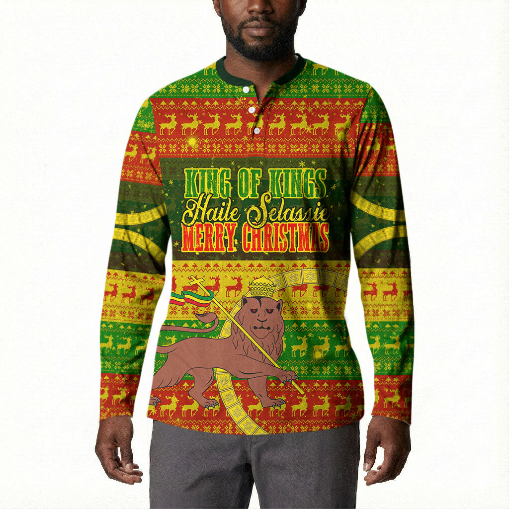 Ethiopia Haile Selassie Christmas Button Sweatshirt King Of Kings Lion Of Judah Ugly Pattern Holiday