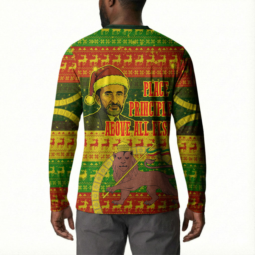 Ethiopia Haile Selassie Christmas Button Sweatshirt King Of Kings Lion Of Judah Ugly Pattern Holiday