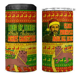 Ethiopia Haile Selassie Christmas 4 in 1 Can Cooler Tumbler King Of Kings Lion Of Judah Ugly Pattern Holiday