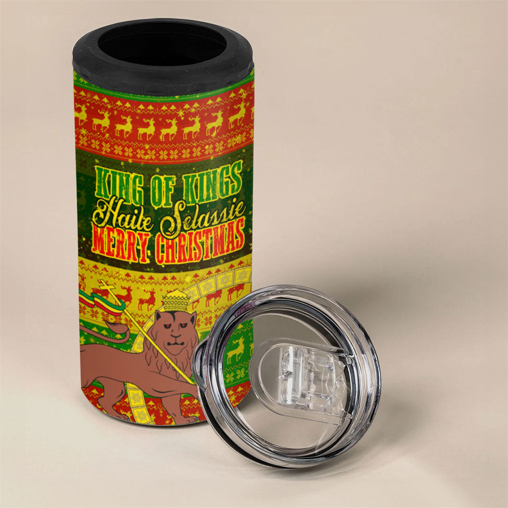Ethiopia Haile Selassie Christmas 4 in 1 Can Cooler Tumbler King Of Kings Lion Of Judah Ugly Pattern Holiday