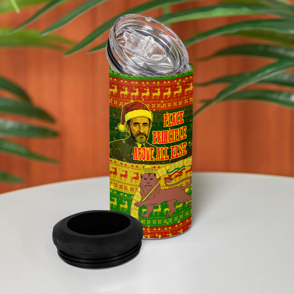 Ethiopia Haile Selassie Christmas 4 in 1 Can Cooler Tumbler King Of Kings Lion Of Judah Ugly Pattern Holiday