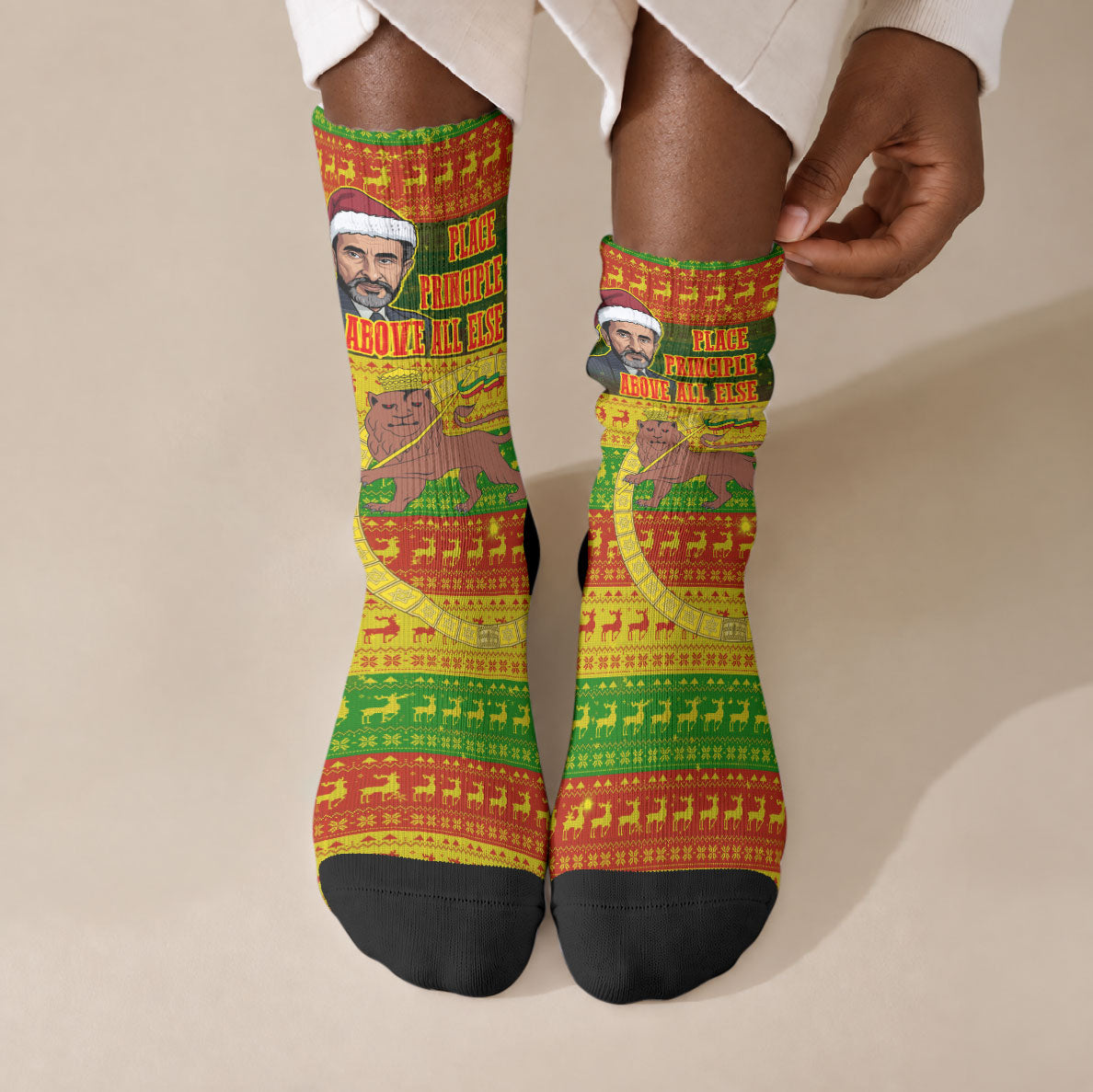 Ethiopia Haile Selassie Christmas Crew Socks King Of Kings Lion Of Judah Ugly Pattern Holiday
