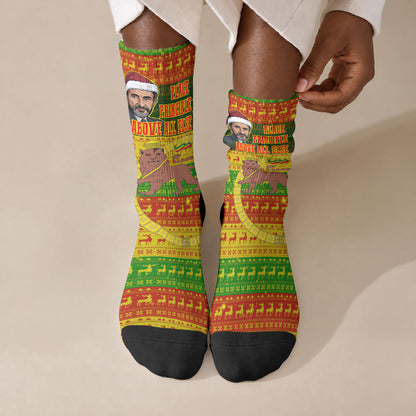 Ethiopia Haile Selassie Christmas Crew Socks King Of Kings Lion Of Judah Ugly Pattern Holiday