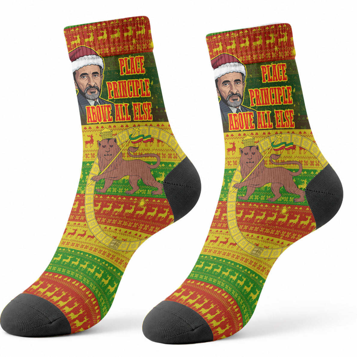 Ethiopia Haile Selassie Christmas Crew Socks King Of Kings Lion Of Judah Ugly Pattern Holiday