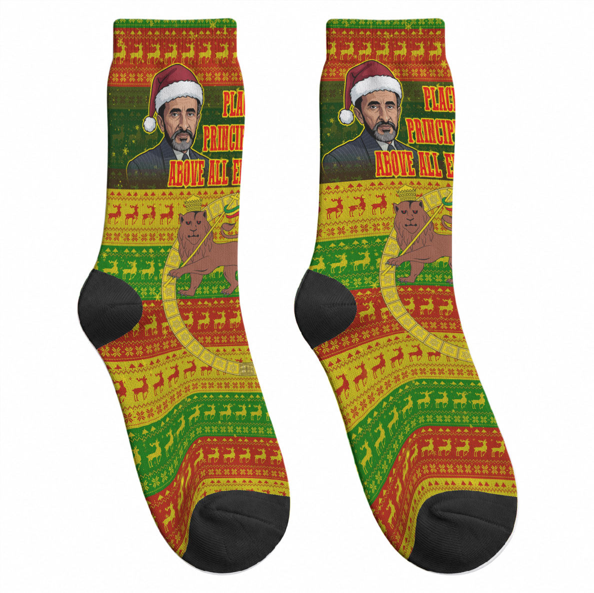 Ethiopia Haile Selassie Christmas Crew Socks King Of Kings Lion Of Judah Ugly Pattern Holiday