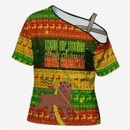 Ethiopia Haile Selassie Christmas Cross Shoulder Shirt King Of Kings Lion Of Judah Ugly Pattern Holiday