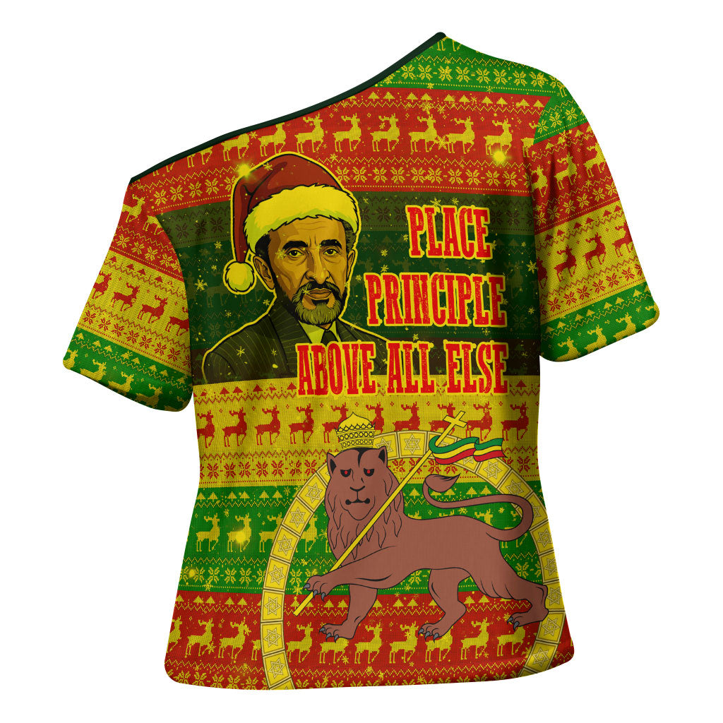 Ethiopia Haile Selassie Christmas Cross Shoulder Shirt King Of Kings Lion Of Judah Ugly Pattern Holiday