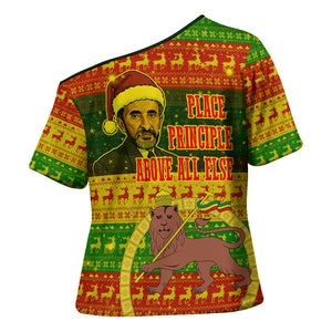 Ethiopia Haile Selassie Christmas Cross Shoulder Shirt King Of Kings Lion Of Judah Ugly Pattern Holiday