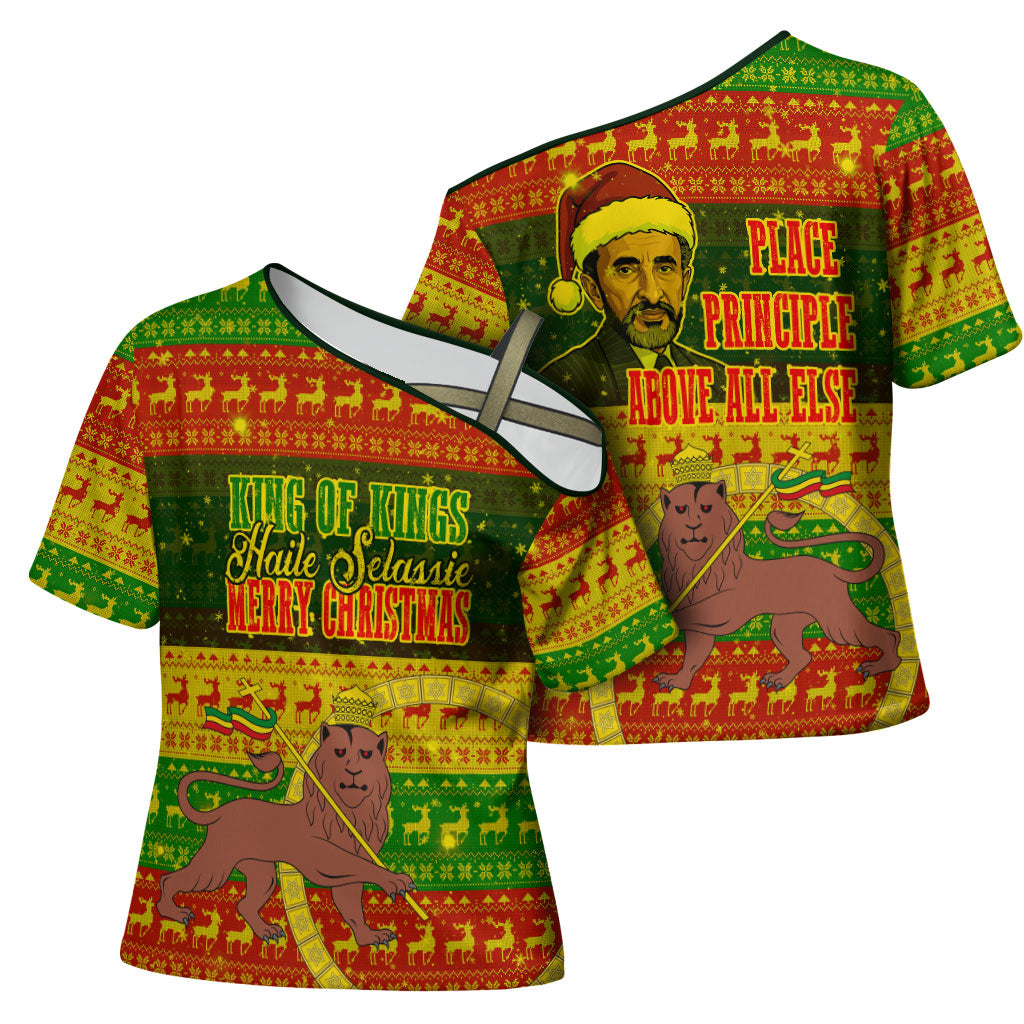Ethiopia Haile Selassie Christmas Cross Shoulder Shirt King Of Kings Lion Of Judah Ugly Pattern Holiday