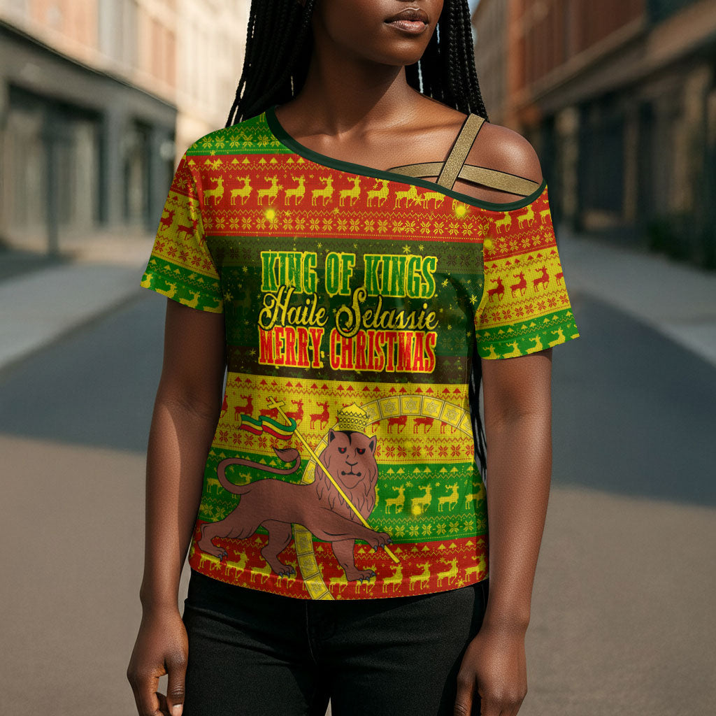 Ethiopia Haile Selassie Christmas Cross Shoulder Shirt King Of Kings Lion Of Judah Ugly Pattern Holiday