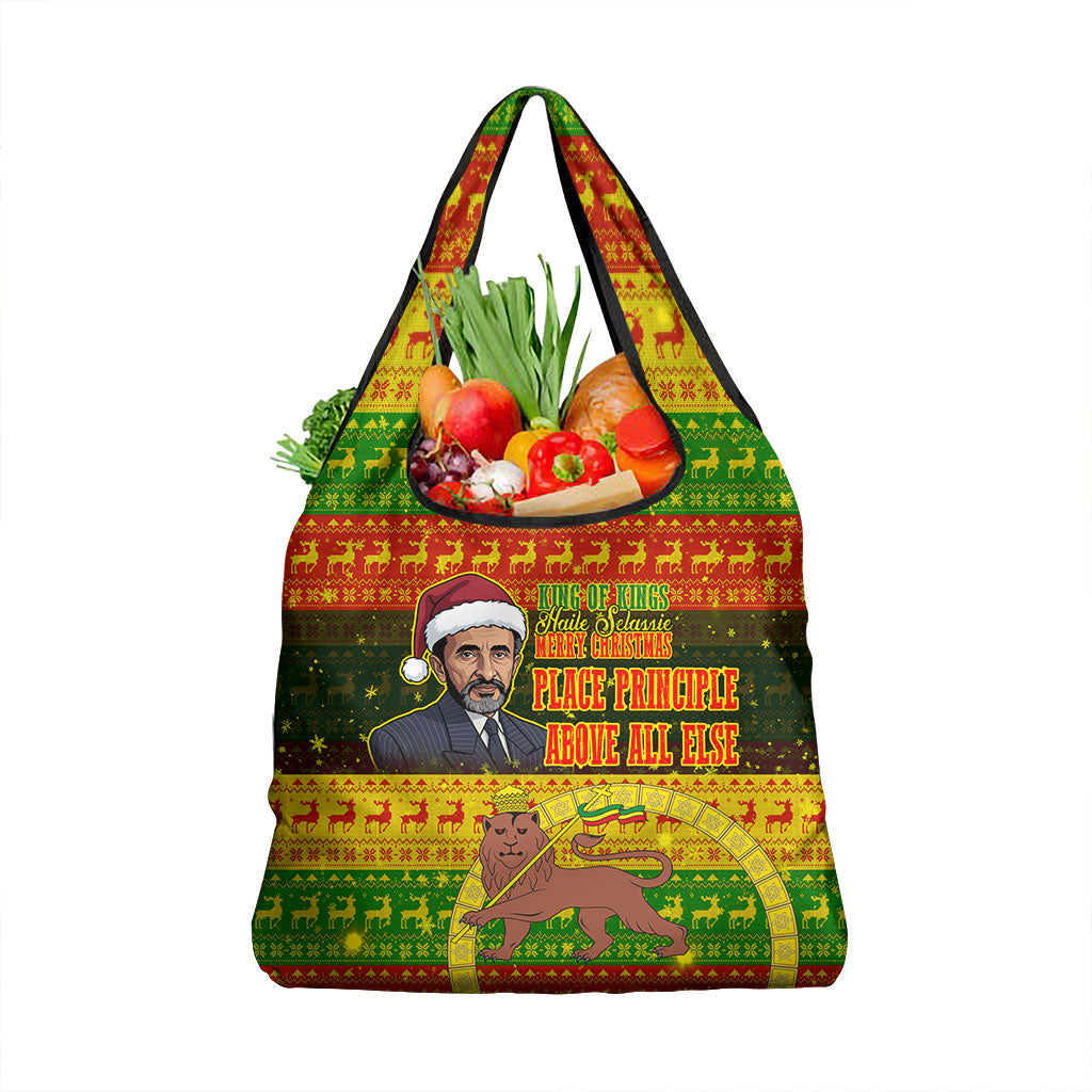 Ethiopia Haile Selassie Christmas Grocery Bag King Of Kings Lion Of Judah Ugly Pattern Holiday