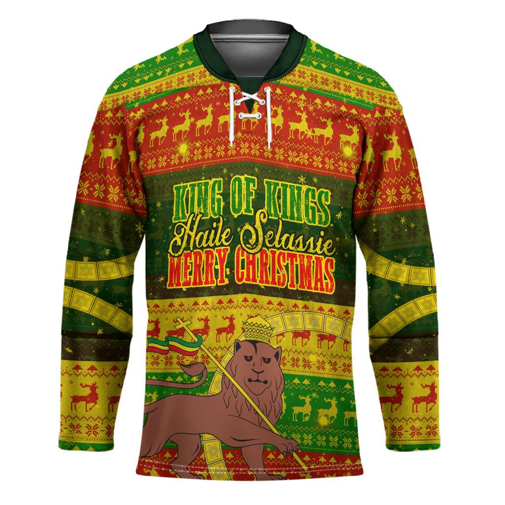 Ethiopia Haile Selassie Christmas Hockey Jersey King Of Kings Lion Of Judah Ugly Pattern Holiday