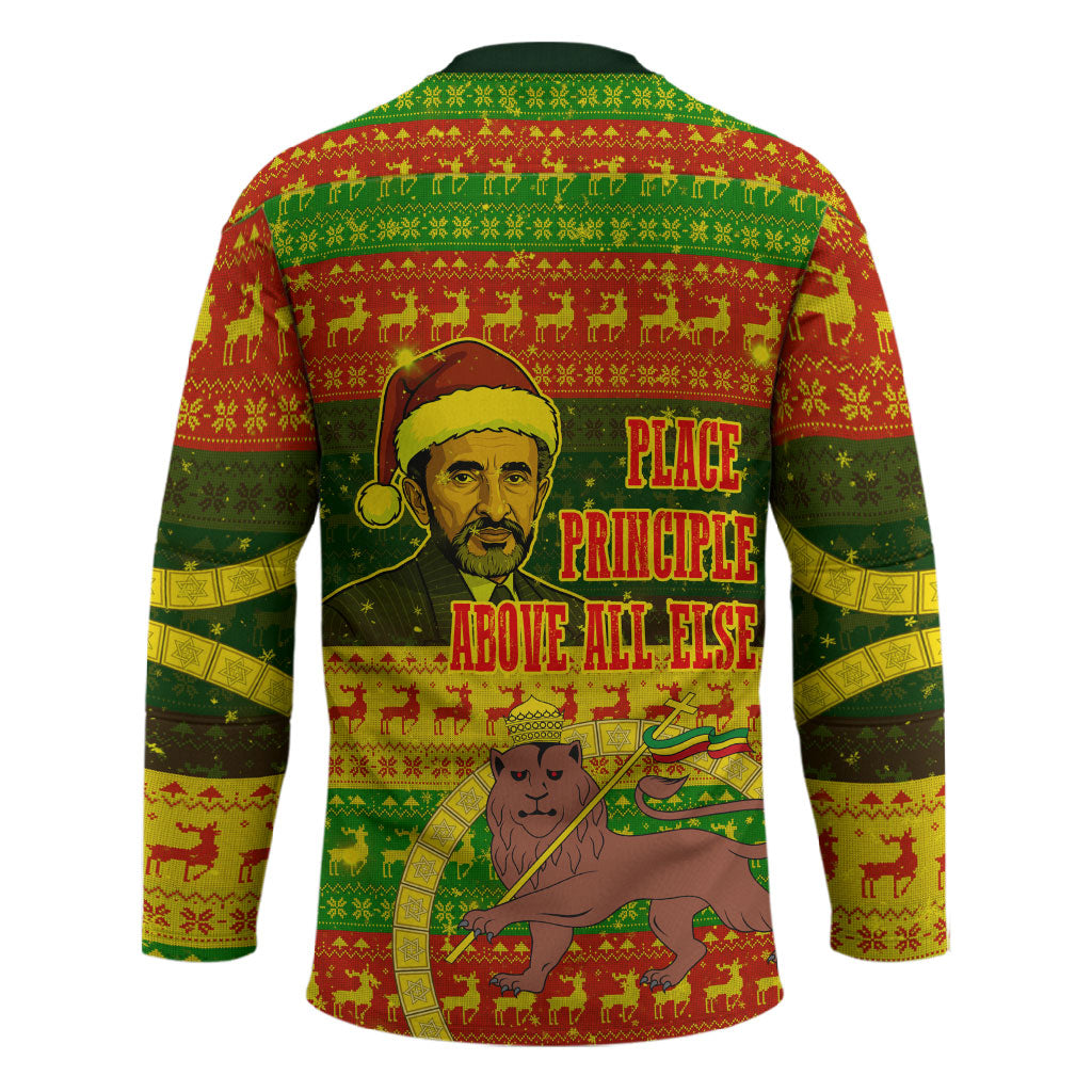 Ethiopia Haile Selassie Christmas Hockey Jersey King Of Kings Lion Of Judah Ugly Pattern Holiday