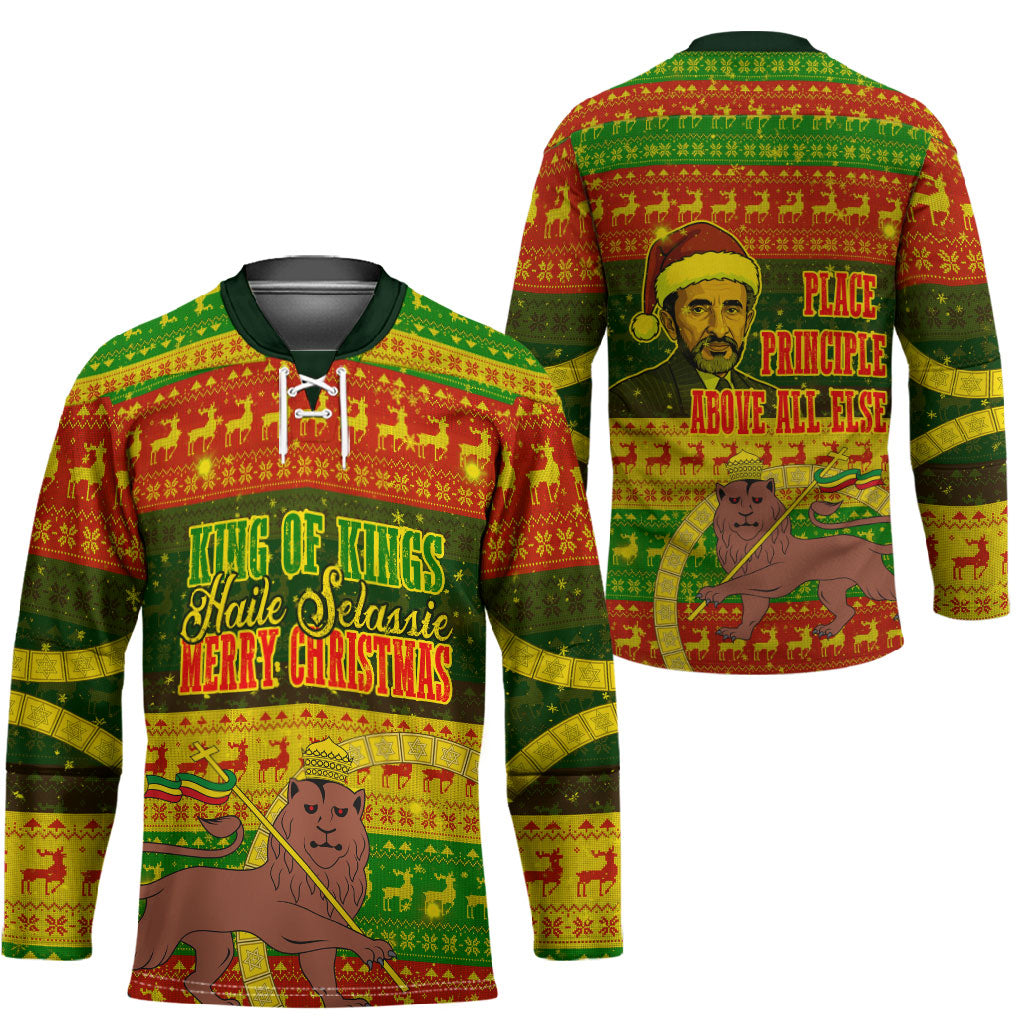 Ethiopia Haile Selassie Christmas Hockey Jersey King Of Kings Lion Of Judah Ugly Pattern Holiday