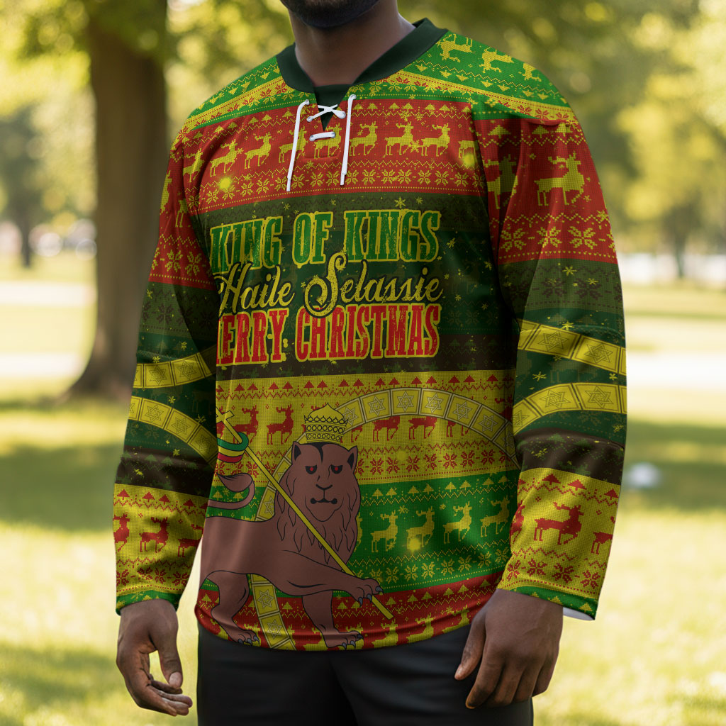 Ethiopia Haile Selassie Christmas Hockey Jersey King Of Kings Lion Of Judah Ugly Pattern Holiday