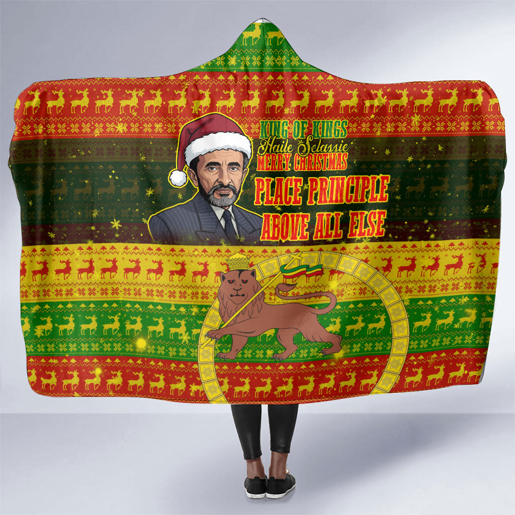 Ethiopia Haile Selassie Christmas Hooded Blanket King Of Kings Lion Of Judah Ugly Pattern Holiday