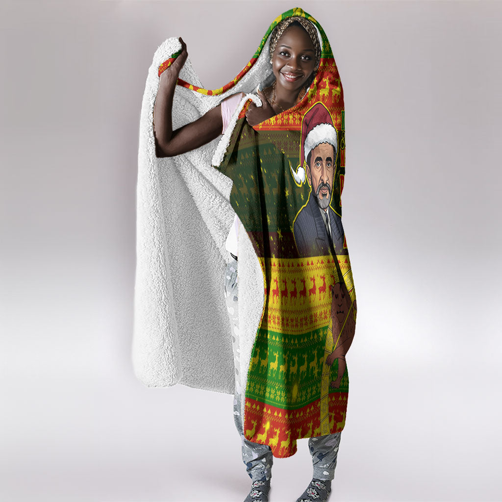 Ethiopia Haile Selassie Christmas Hooded Blanket King Of Kings Lion Of Judah Ugly Pattern Holiday