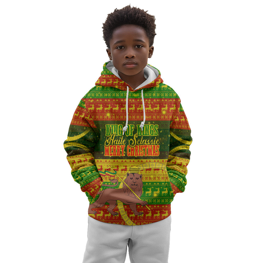 Ethiopia Haile Selassie Christmas Kid Hoodie King Of Kings Lion Of Judah Ugly Pattern Holiday