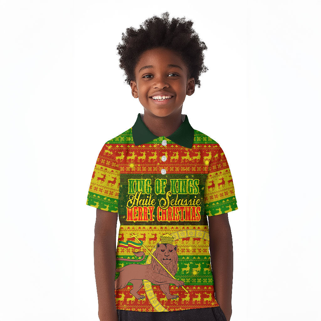 Ethiopia Haile Selassie Christmas Kid Polo Shirt King Of Kings Lion Of Judah Ugly Pattern Holiday
