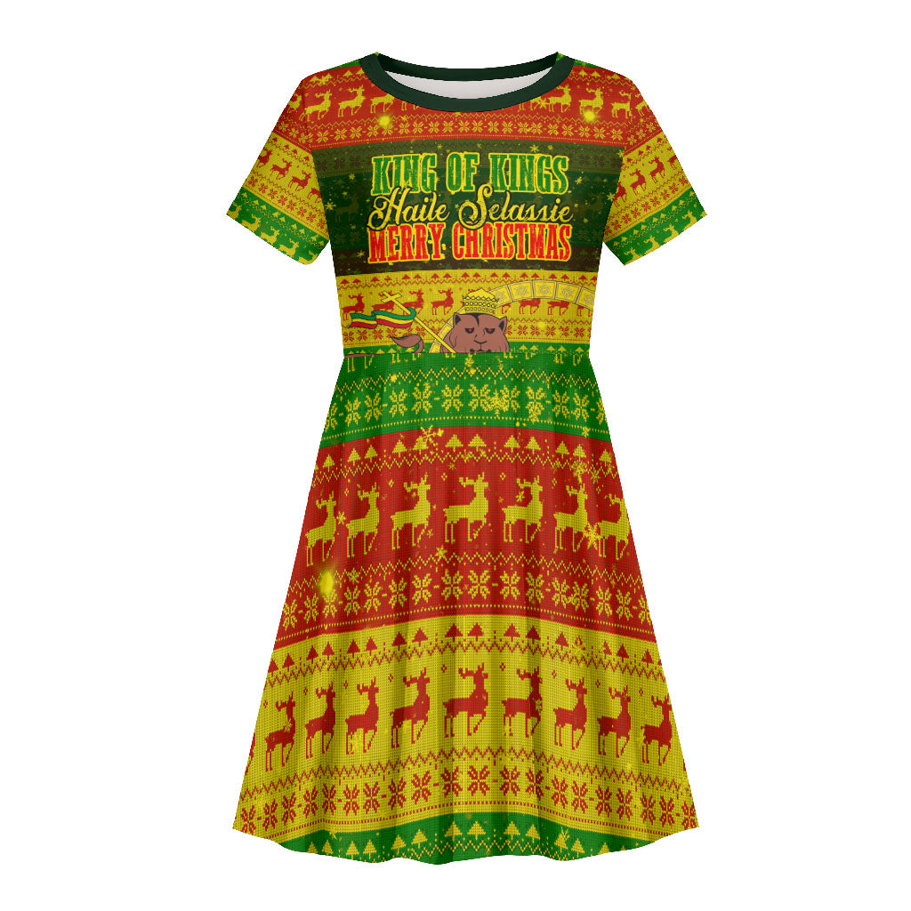 Ethiopia Haile Selassie Christmas Kid Short Sleeve Dress King Of Kings Lion Of Judah Ugly Pattern Holiday