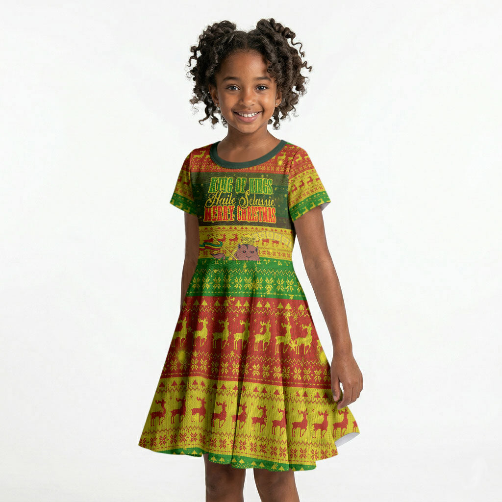 Ethiopia Haile Selassie Christmas Kid Short Sleeve Dress King Of Kings Lion Of Judah Ugly Pattern Holiday
