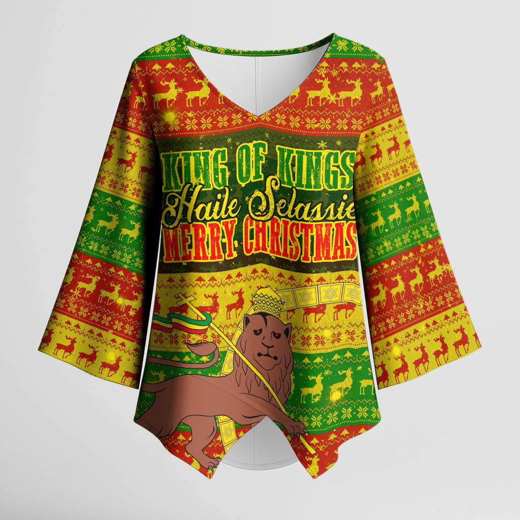 Ethiopia Haile Selassie Christmas Kimono Sleeve Blouse King Of Kings Lion Of Judah Ugly Pattern Holiday
