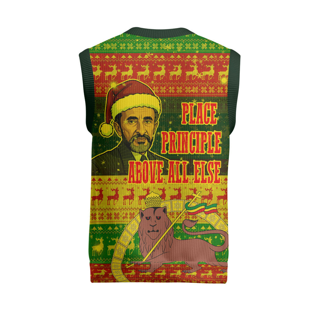 Ethiopia Haile Selassie Christmas Knitted V-Neck Vest King Of Kings Lion Of Judah Ugly Pattern Holiday
