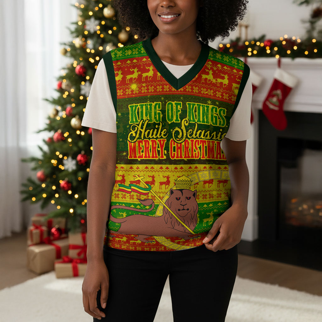 Ethiopia Haile Selassie Christmas Knitted V-Neck Vest King Of Kings Lion Of Judah Ugly Pattern Holiday