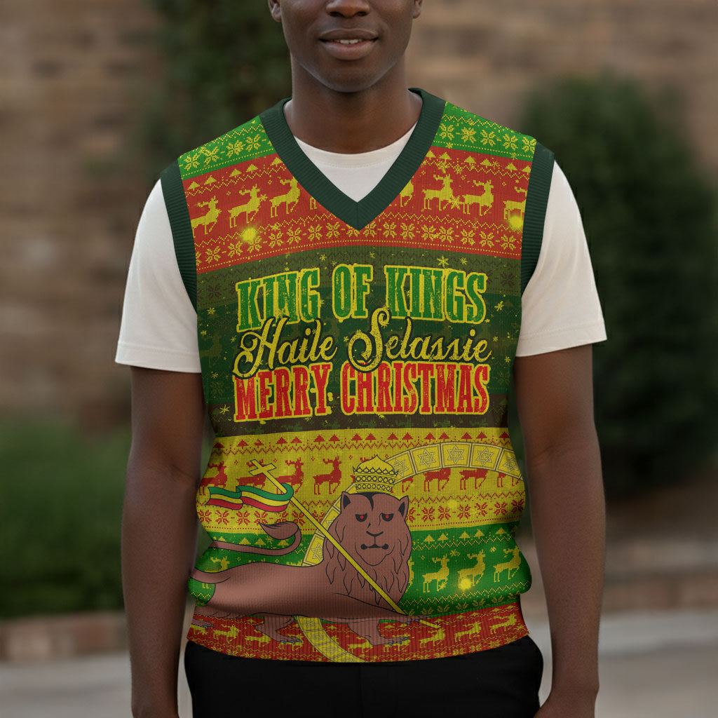 Ethiopia Haile Selassie Christmas Knitted V-Neck Vest King Of Kings Lion Of Judah Ugly Pattern Holiday