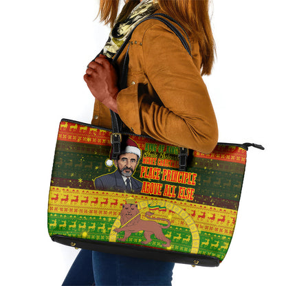 Ethiopia Haile Selassie Christmas Leather Tote Bag King Of Kings Lion Of Judah Ugly Pattern Holiday