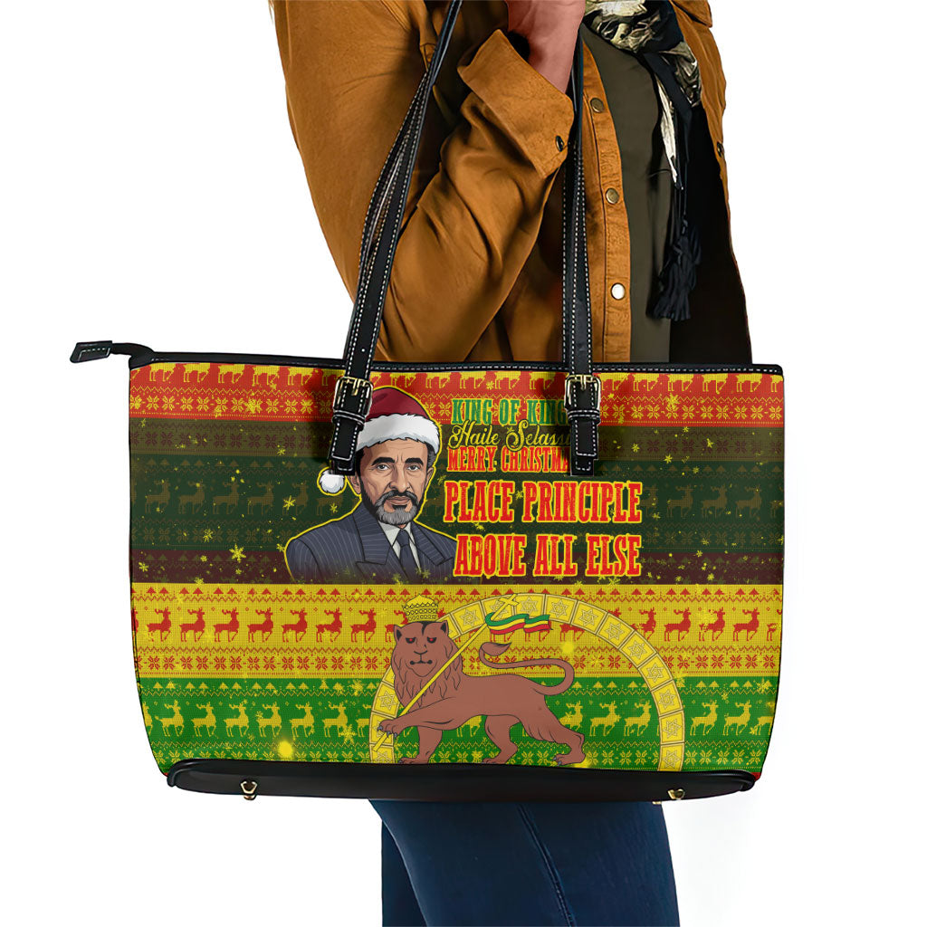 Ethiopia Haile Selassie Christmas Leather Tote Bag King Of Kings Lion Of Judah Ugly Pattern Holiday
