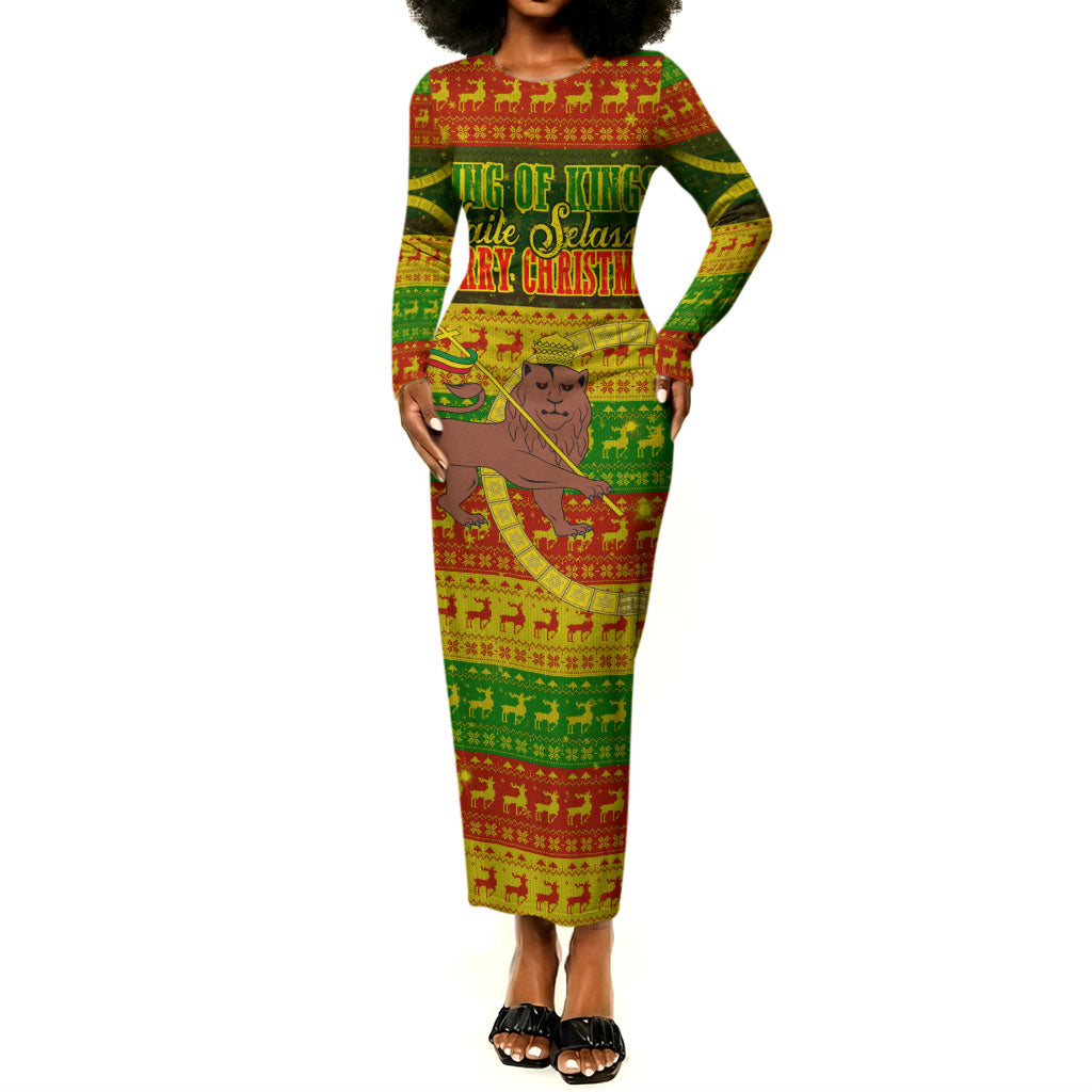 Ethiopia Haile Selassie Christmas Long Sleeve Bodycon Dress King Of Kings Lion Of Judah Ugly Pattern Holiday