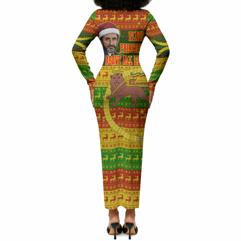 Ethiopia Haile Selassie Christmas Long Sleeve Bodycon Dress King Of Kings Lion Of Judah Ugly Pattern Holiday