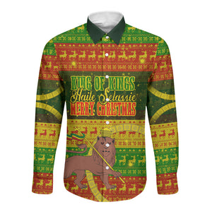 Ethiopia Haile Selassie Christmas Long Sleeve Button Shirt King Of Kings Lion Of Judah Ugly Pattern Holiday