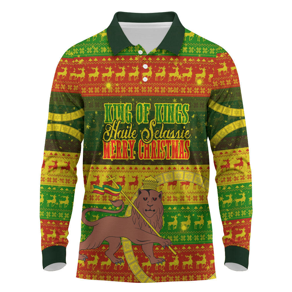 Ethiopia Haile Selassie Christmas Long Sleeve Polo Shirt King Of Kings Lion Of Judah Ugly Pattern Holiday