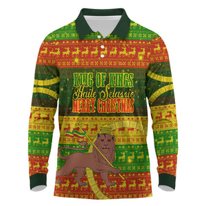 Ethiopia Haile Selassie Christmas Long Sleeve Polo Shirt King Of Kings Lion Of Judah Ugly Pattern Holiday