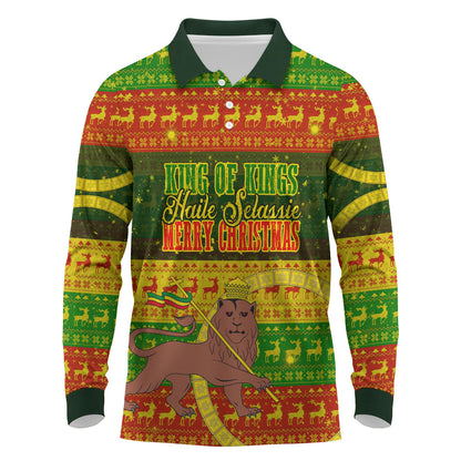Ethiopia Haile Selassie Christmas Long Sleeve Polo Shirt King Of Kings Lion Of Judah Ugly Pattern Holiday