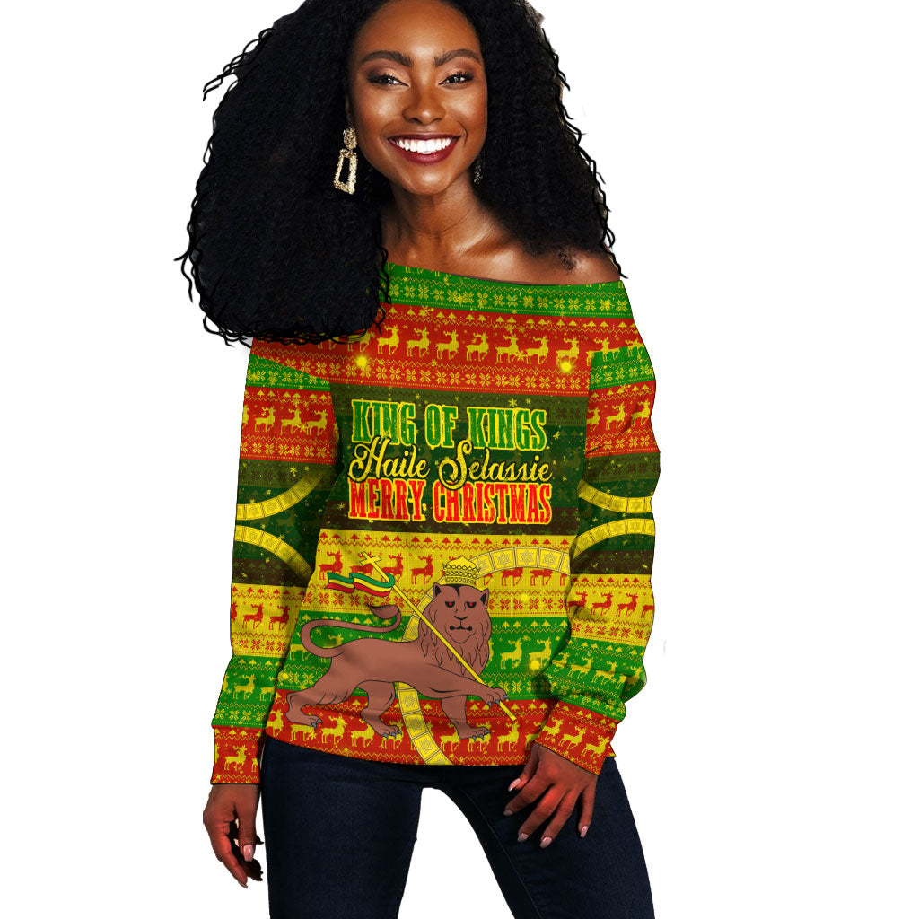 Ethiopia Haile Selassie Christmas Off Shoulder Sweater King Of Kings Lion Of Judah Ugly Pattern Holiday