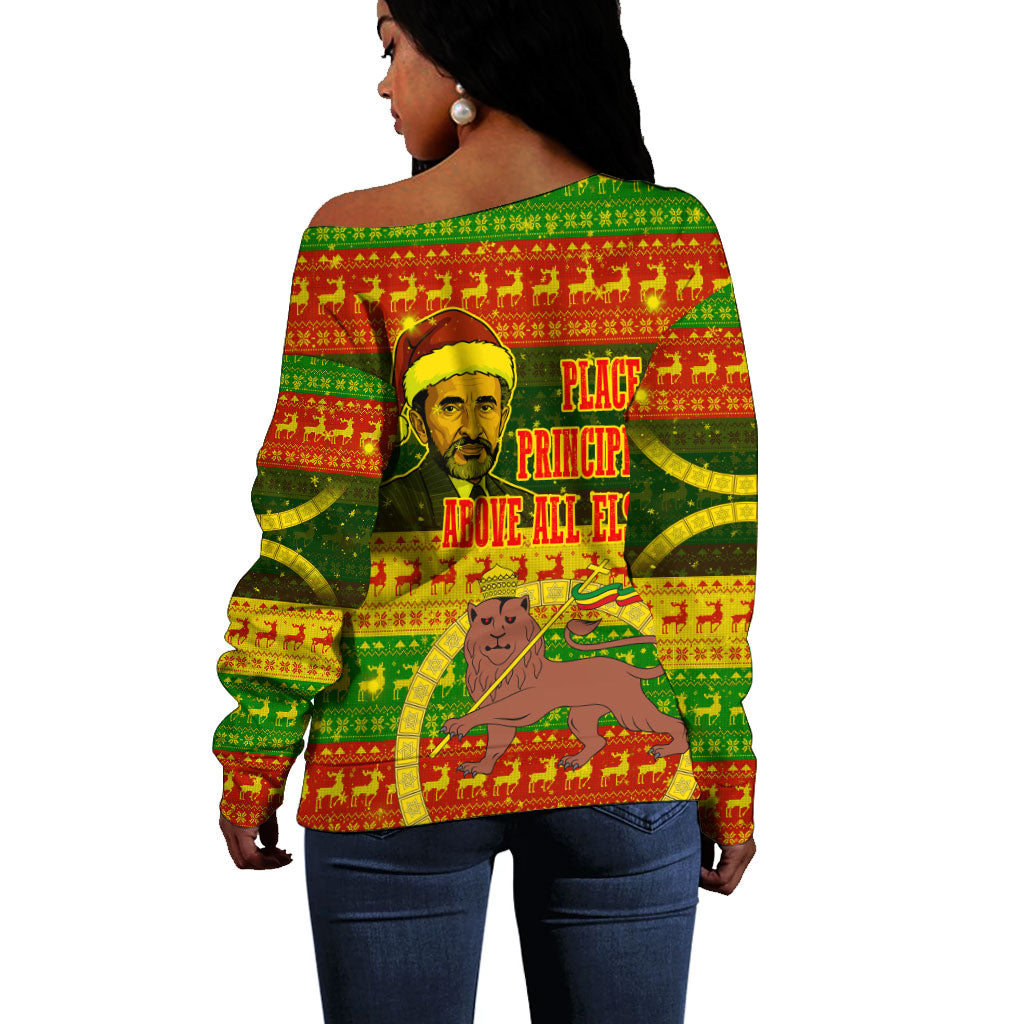 Ethiopia Haile Selassie Christmas Off Shoulder Sweater King Of Kings Lion Of Judah Ugly Pattern Holiday