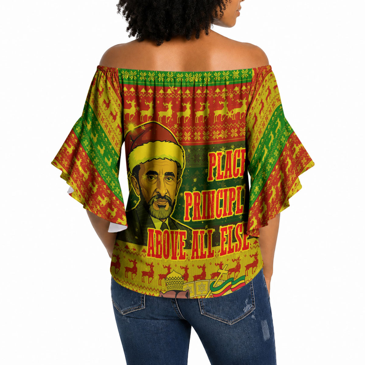Ethiopia Haile Selassie Christmas Off Shoulder Wrap Waist Top King Of Kings Lion Of Judah Ugly Pattern Holiday