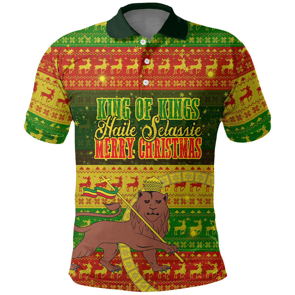 Ethiopia Haile Selassie Christmas Polo Shirt King Of Kings Lion Of Judah Ugly Pattern Holiday